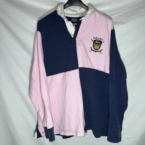 Y2K Polo Ralph Lauren Rugby Shirt Pink Navy Blue Colorblock Crest XL Custom Fit